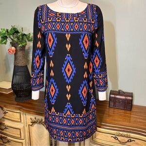 Lucky Brand Black Blue Orange Southwestern Tribal Boho Shift Dress